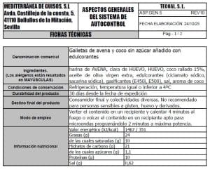 galleta de avena y coco sin azucar ficha tecnica
