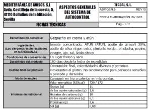 gazpacho en crema y atun ficha tecnica