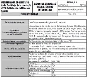 lasaña de carne sin gluten sin lactosa ficha tecnica