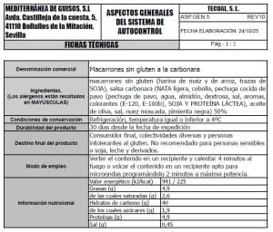 macarrones sin gluten a la carbonara ficha tecnica