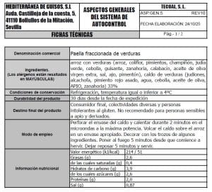 paella fraccionada de verdura ficha tecnica