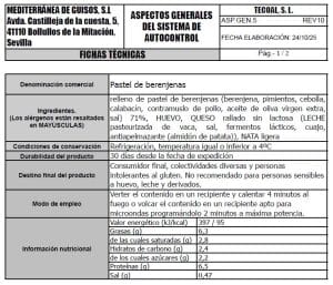 pastel de berenjenas ficha tecnica