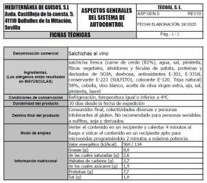 salchicas al vino ficha tecnica