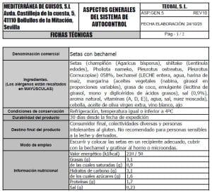 setas con bechamel ficha tecnica