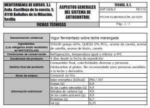 yogur fermentado leche merengada ficha tecnica